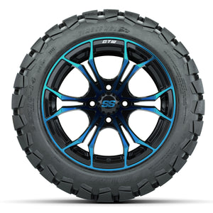 14-Inch GTW Spyder Blue and Black Wheels with 22x10-14 GTW Timberwolf All-Terrain Tires (Set of 4)