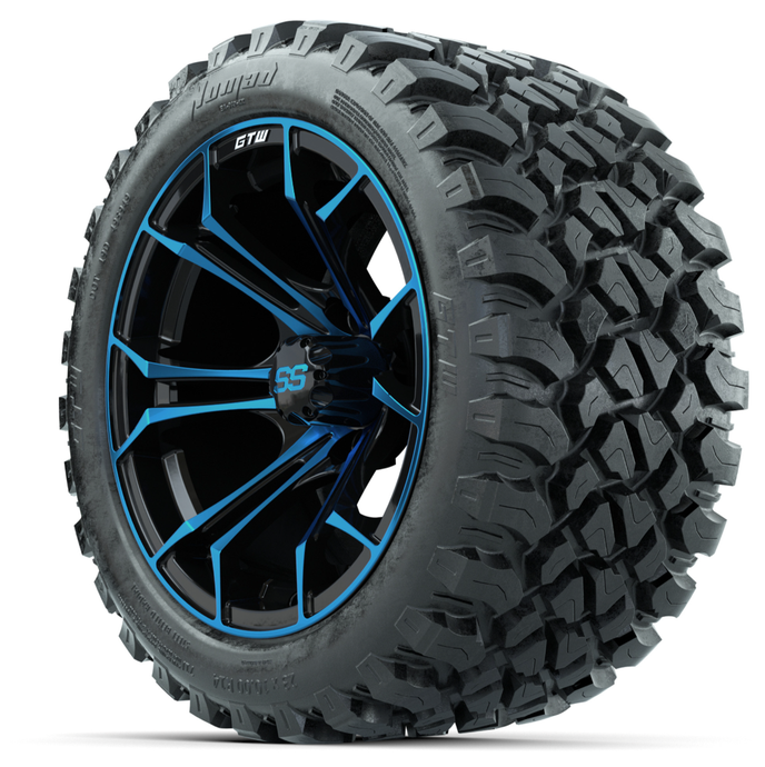 14-Inch GTW Spyder Blue and Black Wheels with 23x10-14 GTW Nomad All-Terrain Tires (Set of 4)