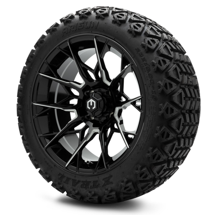 MODZ® 15-Inch Chaos Glossy Black with Ball Mill Wheels & 23-Inch Arisun X-Trail All-Terrain Tires Combo