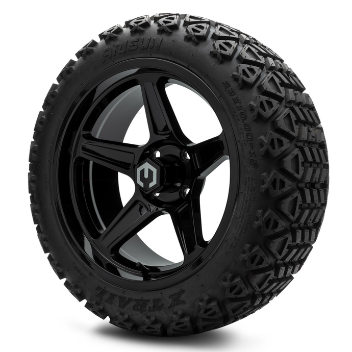 MODZ® 15-Inch Drift Glossy Black Wheels & 23-Inch Arisun X-Trail All-Terrain Tires Combo