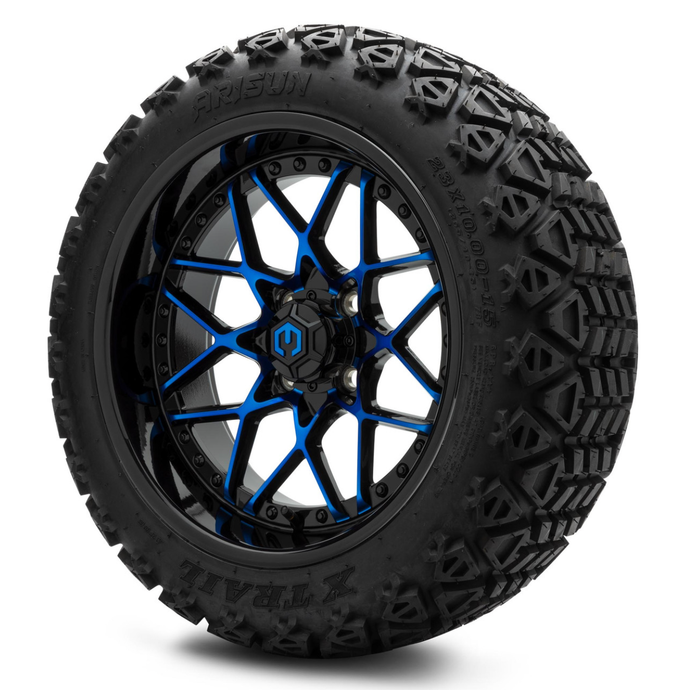 MODZ® 15-Inch Formula Blue and Black Wheels & 23-Inch Arisun X-Trail All-Terrain Tires Combo