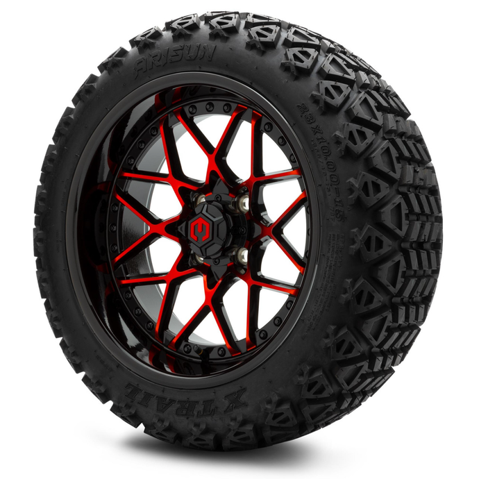 MODZ® 15-Inch Formula Red and Black Wheels & 23-Inch Arisun X-Trail All-Terrain Tires Combo