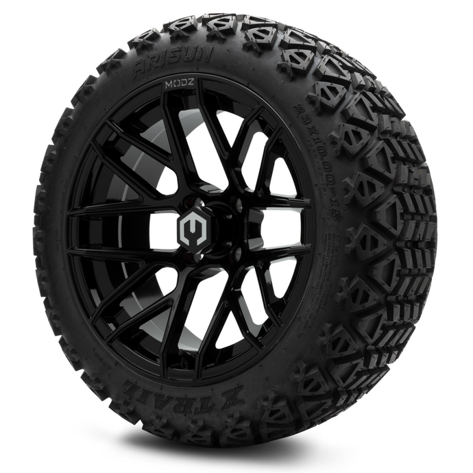 MODZ® 15-Inch Matrix Glossy Black Wheels & 23-Inch Arisun X-Trail All-Terrain Tires Combo