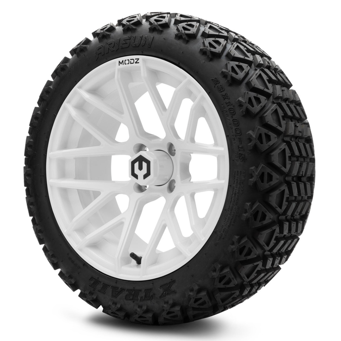 MODZ® 15-Inch Matrix Glossy White Wheels & 23-Inch Arisun X-Trail All-Terrain Tires Combo