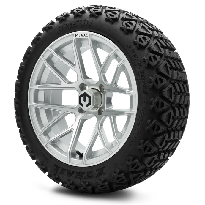 MODZ® 15-Inch Matrix Silver Wheels & Off-Road 23-Inch Arisun X-Trail All-Terrain Tires Combo